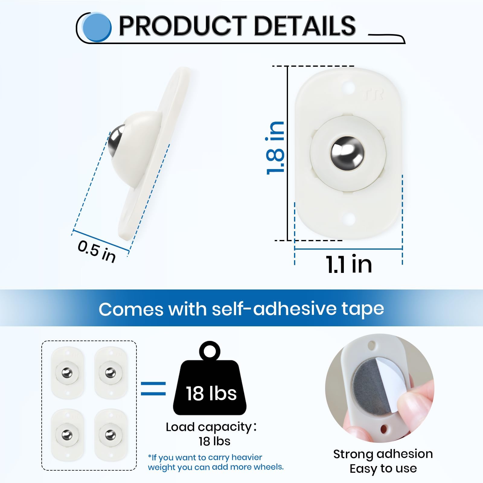 Self Adhesive Caster Wheels, Appliance Rollers for Kitchen Appliances, 360° Swivel Mini Universal Wheel Roller Casters, Sticky Pulley for Trash Can, Storage Box, Appliance Slider (8, White-Swivel)
