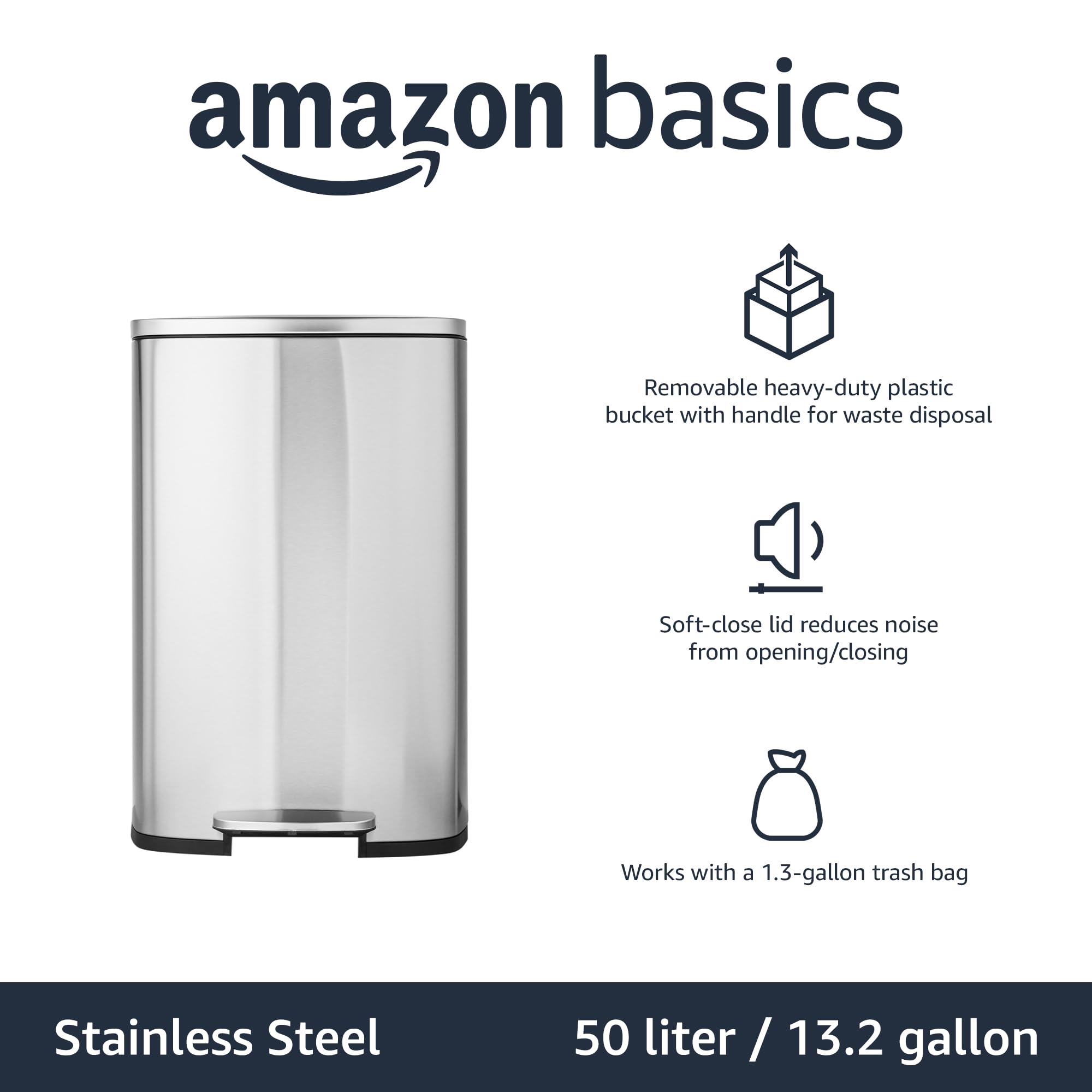 Amazon Basics Smudge Resistant Rectangular Trash Can With Soft-Close Foot Pedal, Brushed Stainless Steel, 50 Liter/13.2 Gallon, Satin Nickel Finish, 16.7"L x 14.7"W x 25.9"H