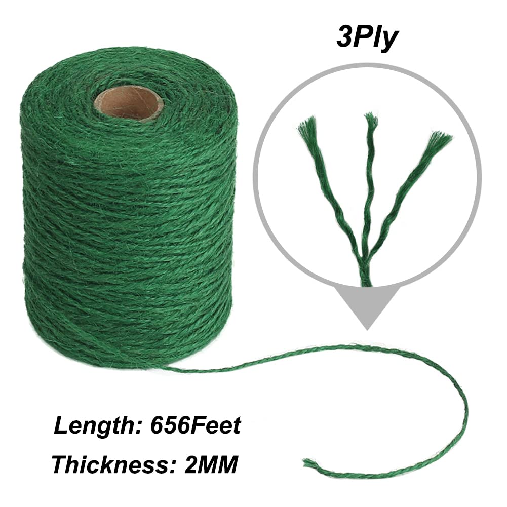 Vivifying Garden Twine, 656 Feet 2mm Green Plant Ties, Strong Jute Twine String for Climbing Plants, Tomatoes, Floristry, Crafts