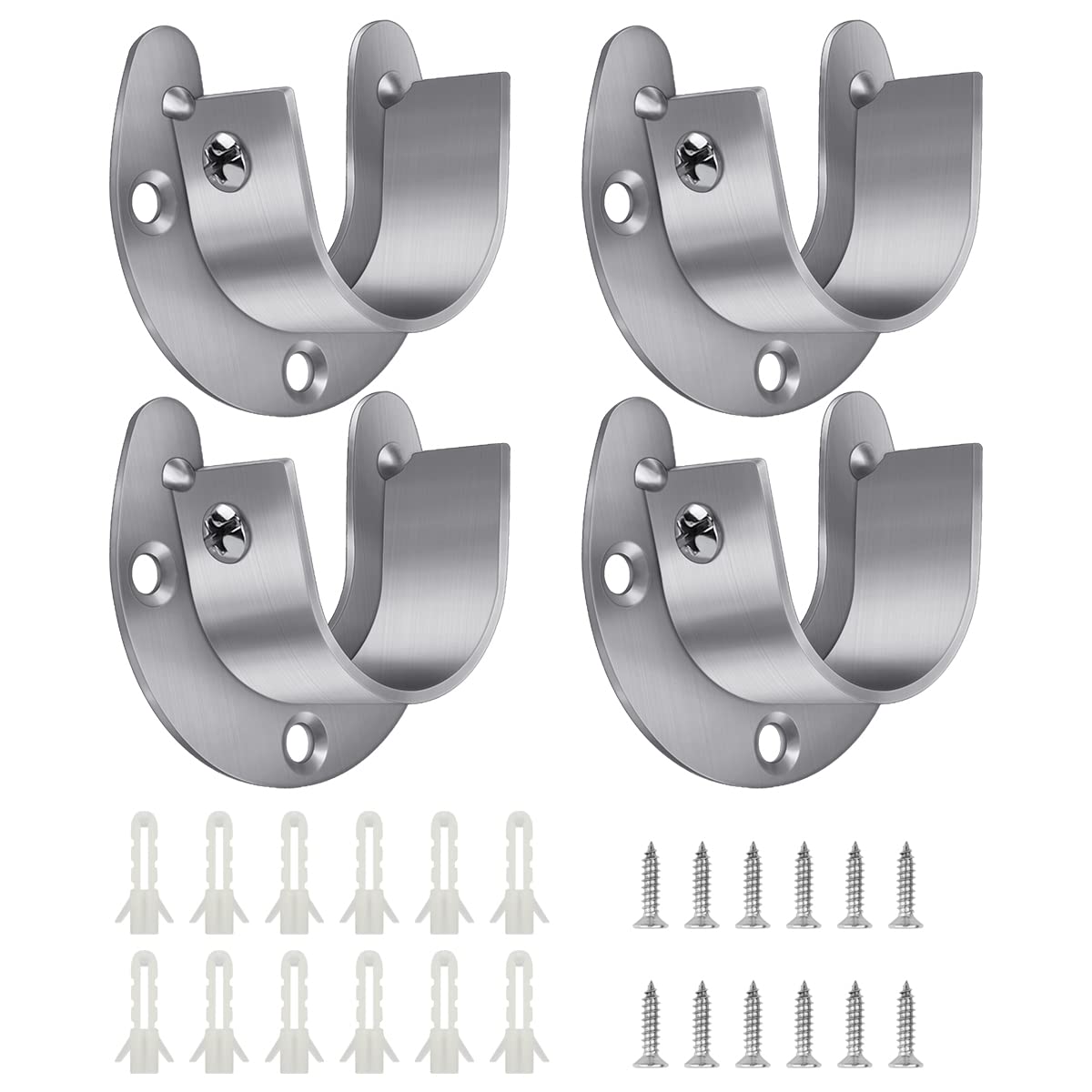 4 Packs Stainless Steel Wardrobe Bracket U-Shaped Rod Socket Flange 1-1/4" Diameter Heavy Duty Closet Rod Brackets End Supports for Closet Rod with Screws (Silver)