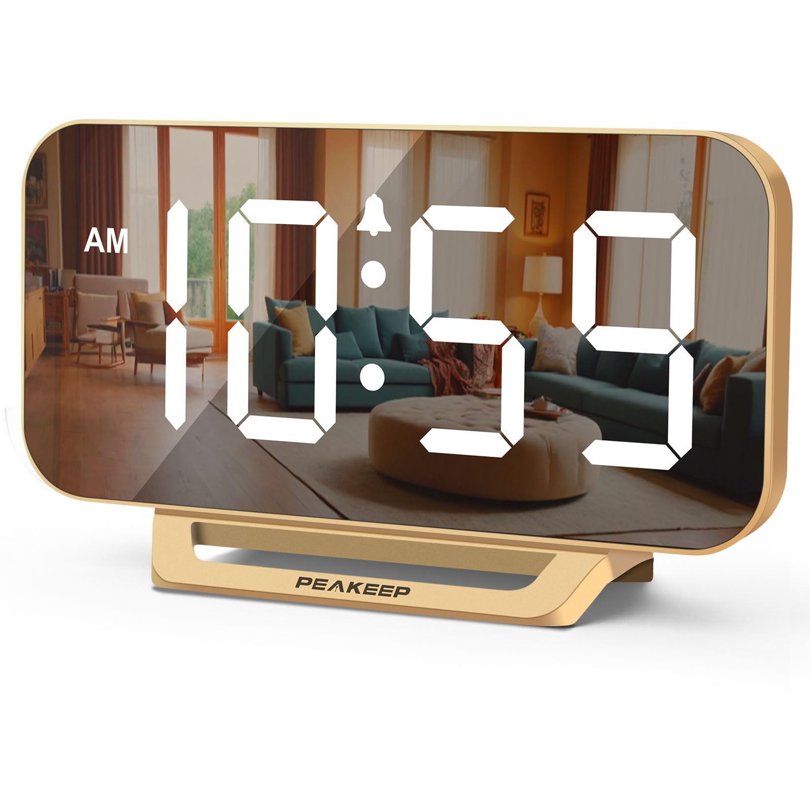Peakeep Slim Digital Mirror Aesthetic Alarm Clock for Bedrooms Desk Decor - Plug in Electric Big LED Modern Small Clock for Office Living Room, Battery Backup, 6 Dimmers (Gold)