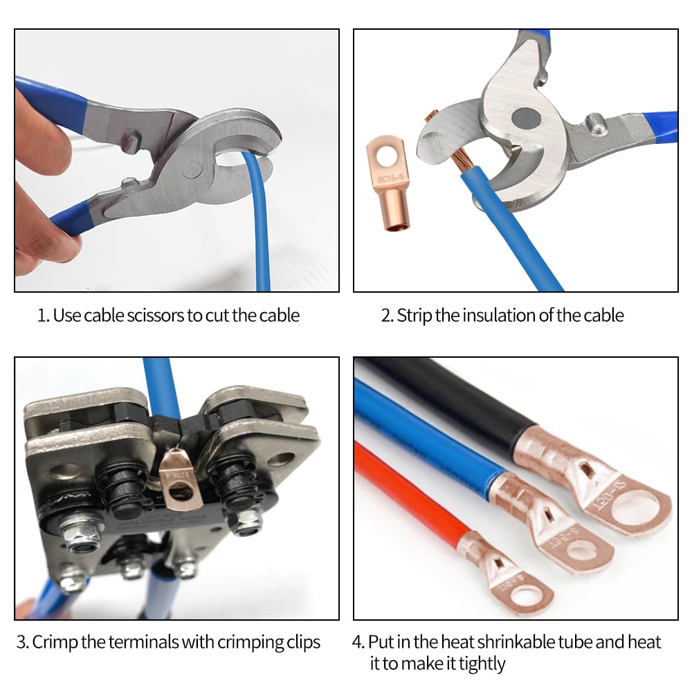 Cable Lug Crimping Tool with 170pcs Copper Wire Lugs, Wire Crimping Tool for AWG 10-1/0 Electrical Lug Crimper, with Cable Cutter, 210pcs Dual Wall Adhesive Heat Shrink Tubing