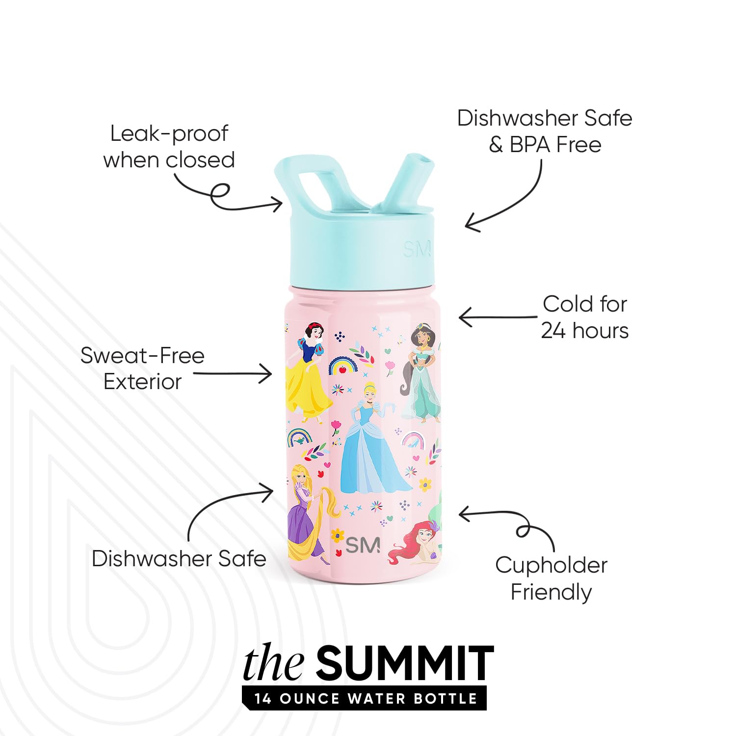 Simple Modern Kids Summit Water Bottle with Straw Lid | Disney Princess 14oz Stainless Steel Cup Insulated Tumbler for Girls, School | Princess Rainbows