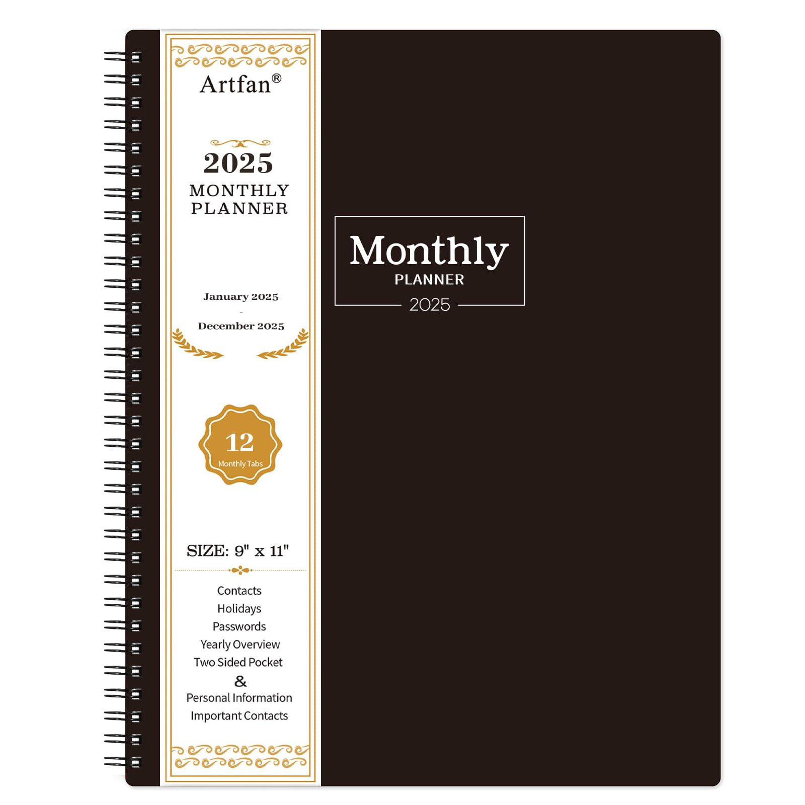 2025 Monthly Planner - Monthly Planner with Tabs & Pocket, 12 Monthly Planner JAN - DEC 2025, Contacts and Passwords, 8.5" x 11", Thick Paper, Twin-Wire Binding - Black