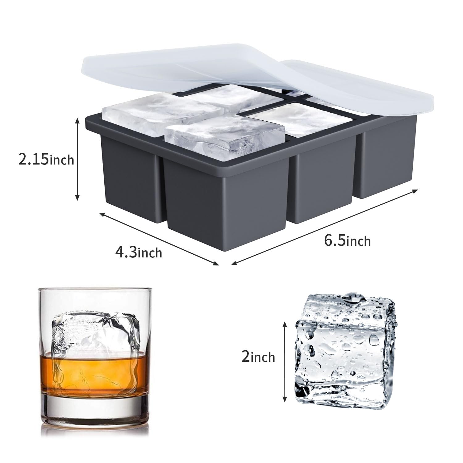 Large Ice Cube Tray for Whiskey: FDDBI Silicone Ice Cube Trays with Lid - 2Pack Big Square Old Fashioned Ice Cube Maker for Cocktail - 2inch Huge Cubed Ice Trays for Whisky