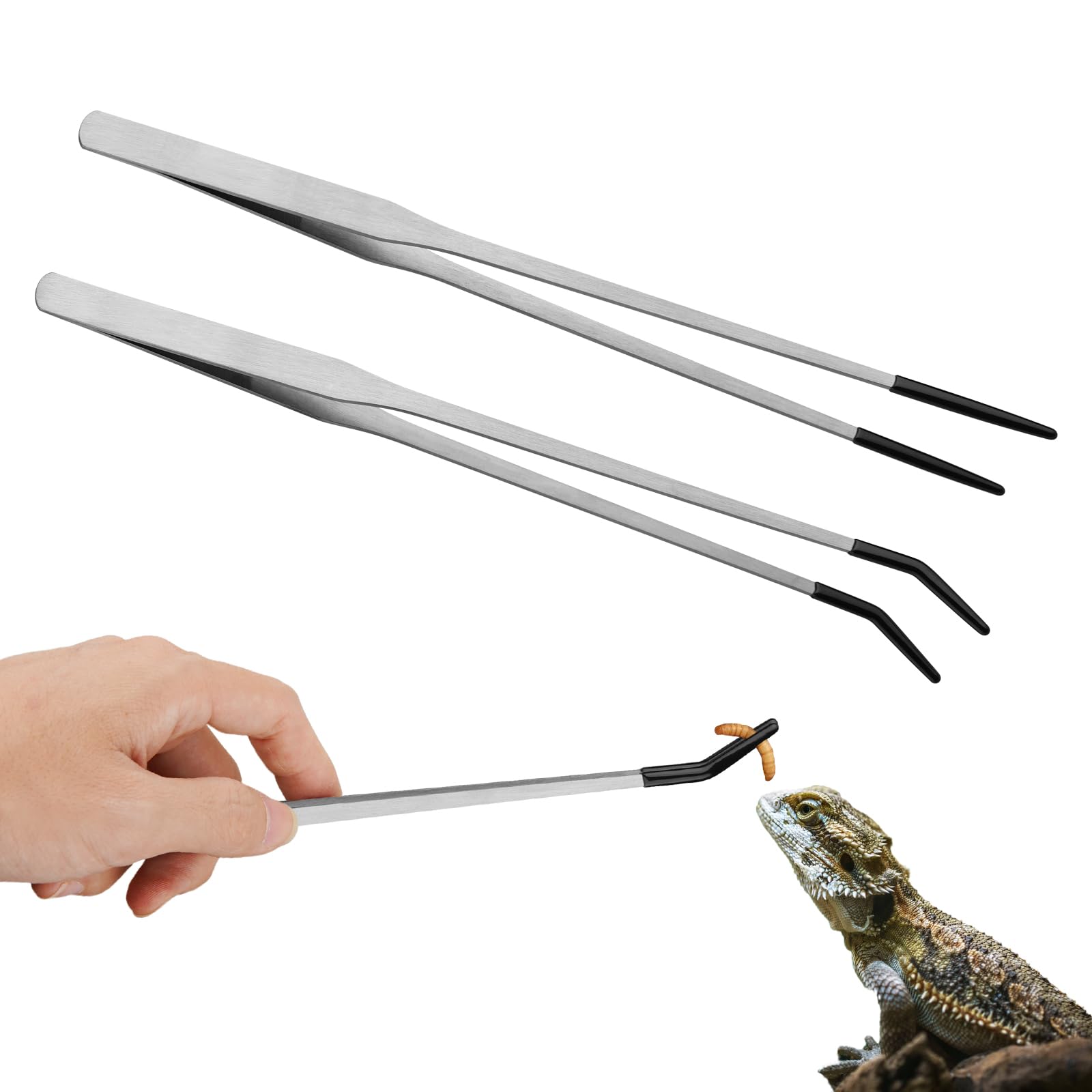 Novery 2PCS Stainless Steel Reptile Feeding Tongs with Rubber Tip, 10.6" Straight & Curved Long Tweezers for Aquarium or Craft, Bearded Dragon Tank Snakes Enclosure Accessories, Terrarium Supplies
