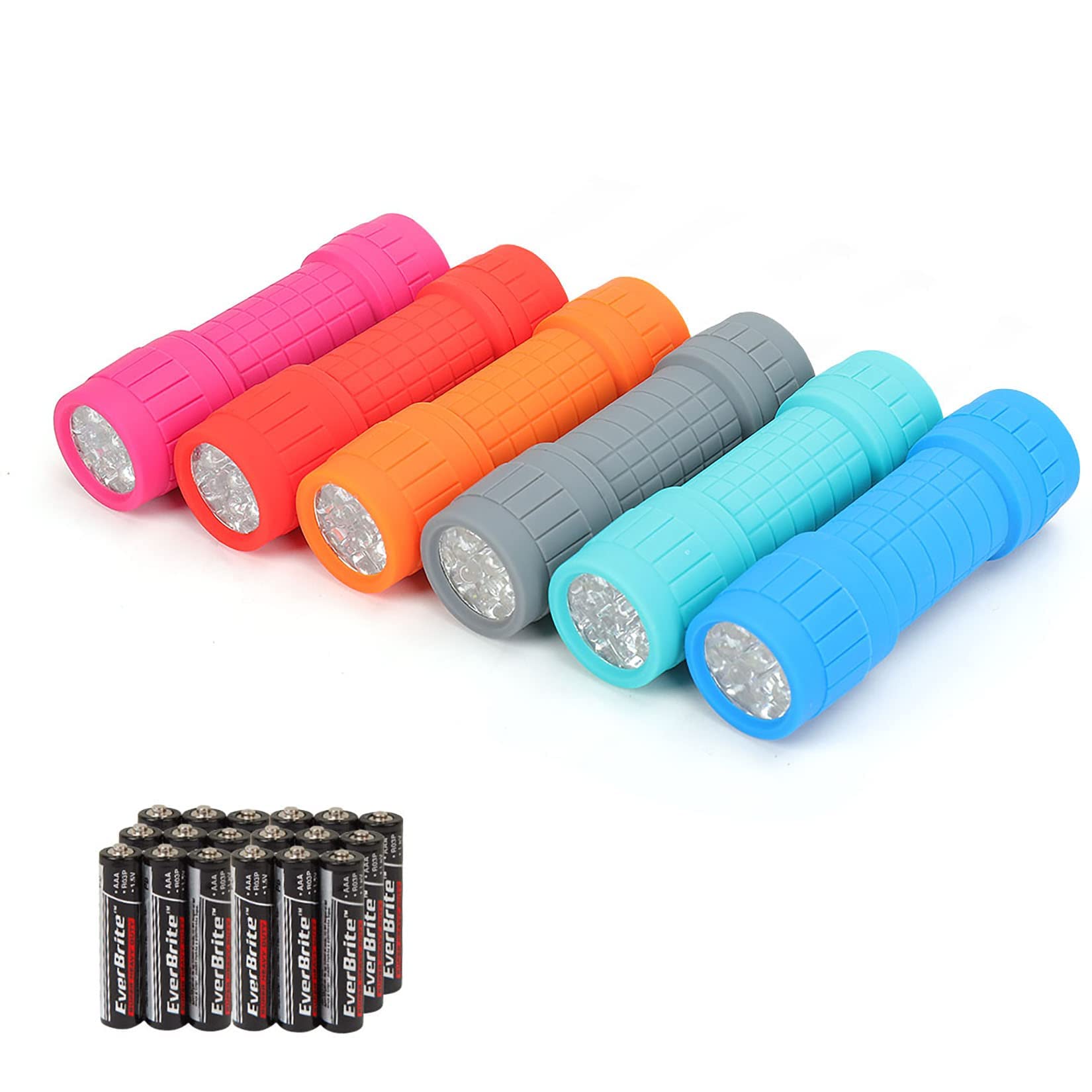 مصابيح يدوية EverBrite تسعة مصابيح LED، عبوة من 6 قطع، مصباح يدوي مقاوم للصدمات، ألوان متنوعة مع حبل، تتضمن 3 بطاريات AAA (مستلزمات الأعاصير، التخييم، المشي لمسافات طويلة، الطوارئ، الصيد)