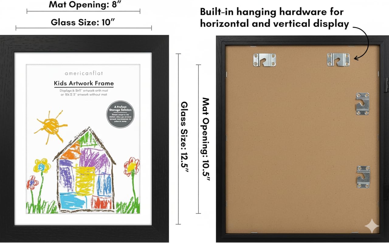 Kids Artwork Frame Changeable (Black) - Magnetic Door Holds 100 Art Pieces - 8.5x11 Letter Size Display with Mat or 10x12.5 Without Mat - My Mini Masterpiece