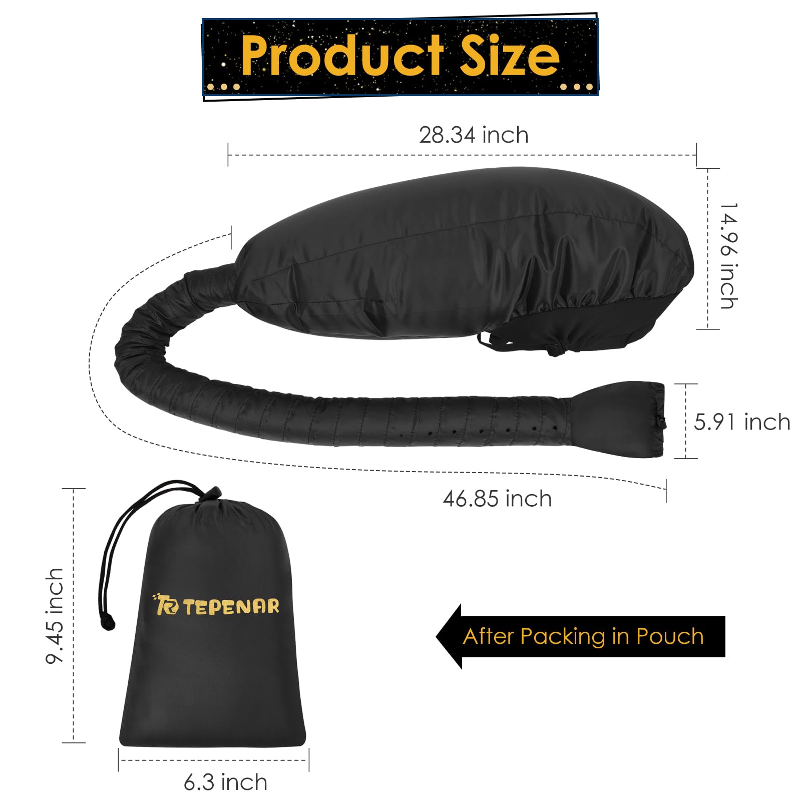 TEPENAR Hair Dryer Bonnet Attachment: Upgraded Extra Large Hooded Dryer Adjustable Hair Dryer Caps - Easy to Use for Natural Curly Textured Hair Care Styling Fast Drying - Black