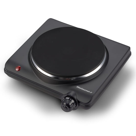 Elite Gourmet ESB-301BF# Countertop Single Cast Iron Burner, 1000 Watts Electric Hot Plate, Temperature Controls, Power Indicator Lights, Easy to Clean, Black