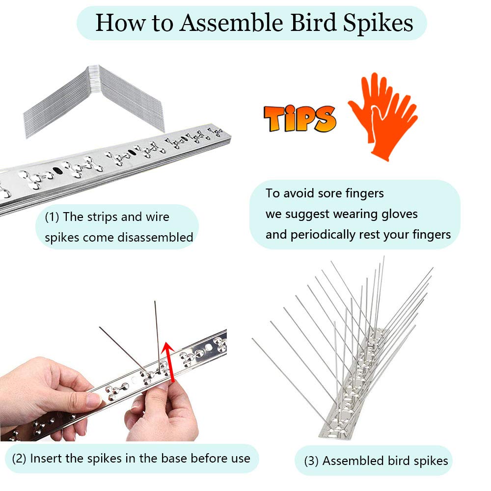 PANGCH Bird Spikes,Stainless Steel Bird Spikes Metal Bird Spikes Fence Spikes Easy to Install - 5 Strips 4.1 Feet Coverage