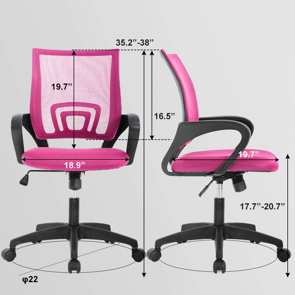 BestOffice | Ergonomic Office Chair | Mid-Back Swivel Desk Chair | Breathable Backrest & Lumbar Support | Adjustable Height | Sponge Seat | Rolling Wheels | Pink | for Adults & Women