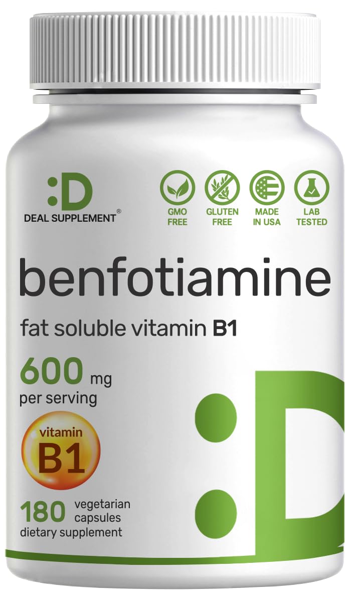 Deal Supplement Vitamin B1 500mg with Benfotiamine, 240 Capsules – 2 in 1 Enhanced Formula – Fat & Water Soluble Thiamine B1 Supplement – Third Party Tested, Non-GMO, No Gluten