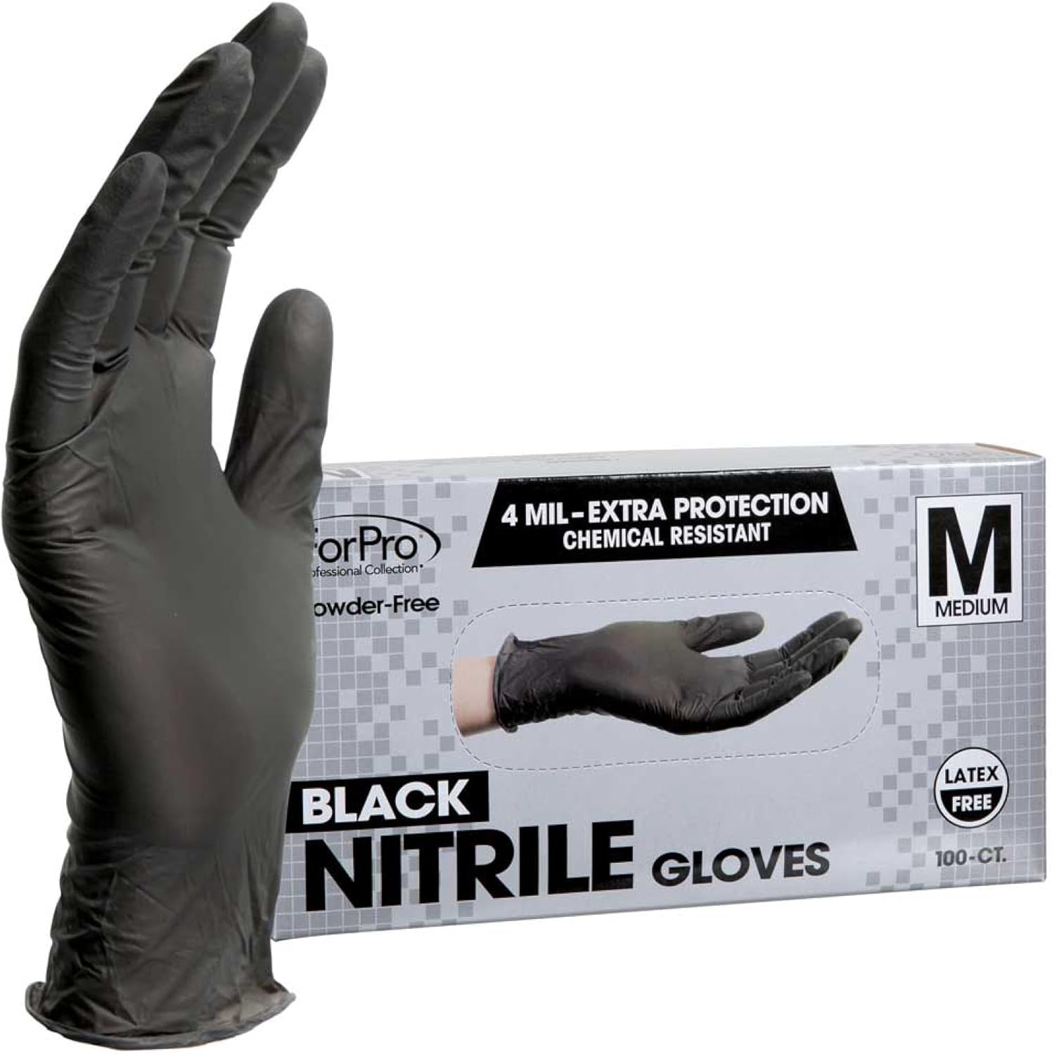 ForPro Professional Collection Disposable Nitrile Gloves, Chemical Resistant, Powder-Free, Latex-Free, Non-Sterile, Food Safe, 4 Mil, Black, Small, 100-Count