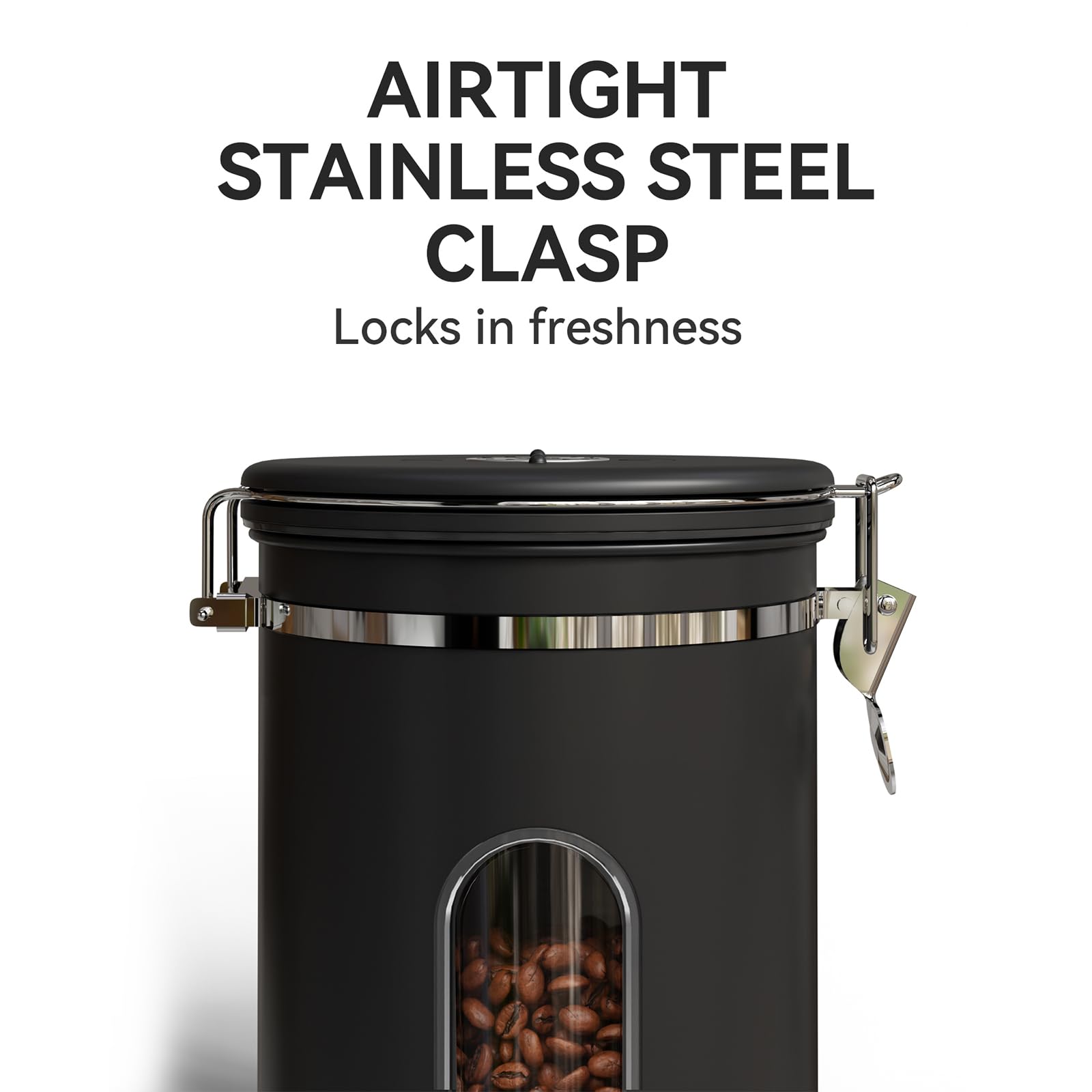 Veken Coffee Canister with Window,Airtight Stainless Steel Container,Home Kitchen Food Storage Organizers for Grounds,Beans,Espresso,Rice,Tea,Sugar,Flour, Cereal,Scoop,Bar Accessories,Gifts,22OZ,Black