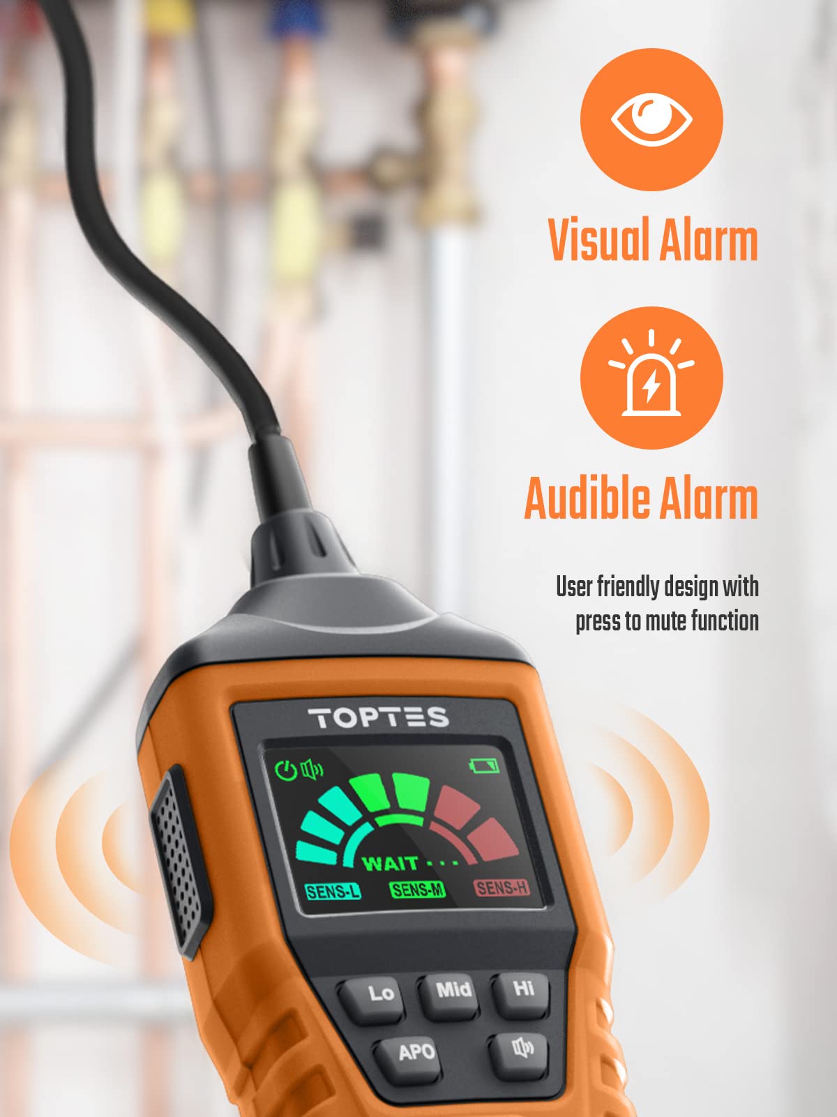 PT520A Natural Gas Detector, Gas Leak Detector with 17-Inch Gooseneck, Locating The Source Like Propane, Methane, and Butane for Home and RV (Includes Battery x3) - Orange