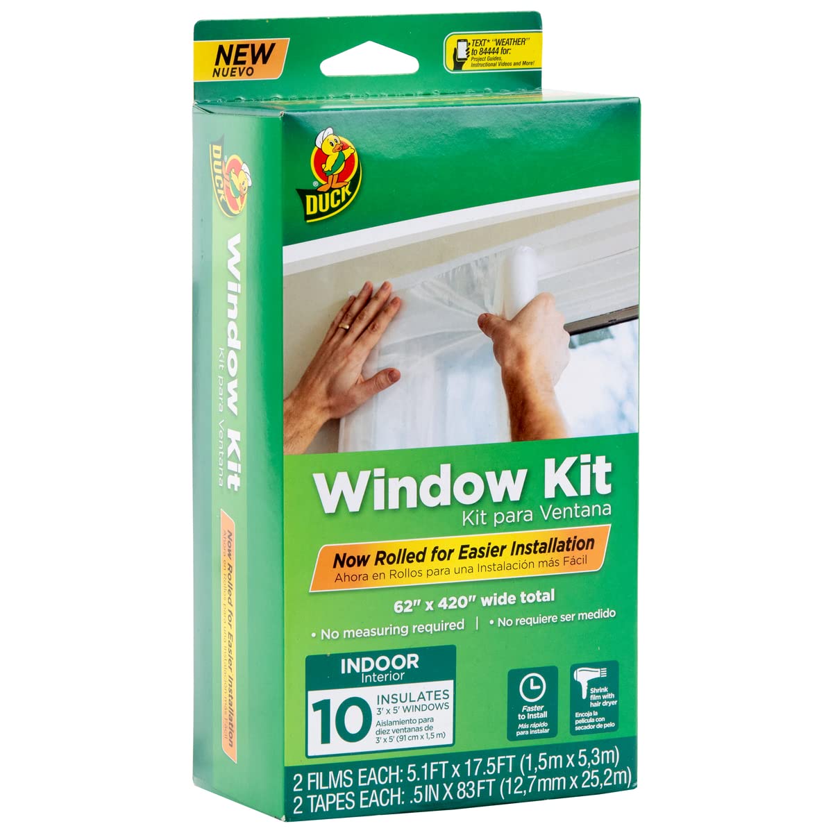 Duck Brand Window Insulation Kit - Winter Window Seal Kit Fits up to 10 Windows - Rolled Shrink Film Cuts to Size for Easy Indoor Installation - Window Tape Included - 62 In. by 420 In.- Clear