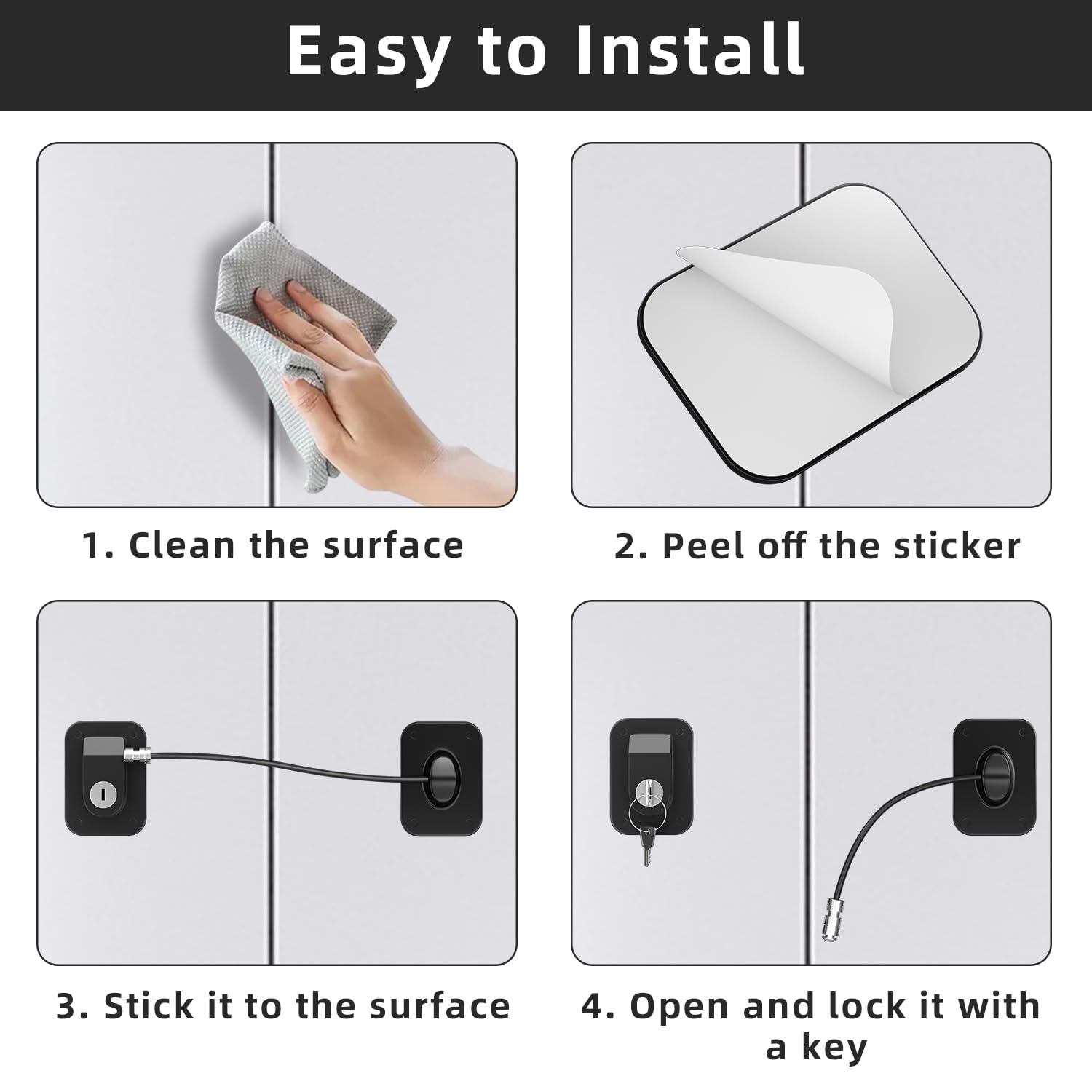RORMGO Refrigerator Lock 2 Packs, Fridge Lock with Silicone Wire Protection Fridge Locks for Kids Easy to Use and Install Cabinet Locks with Key, Black