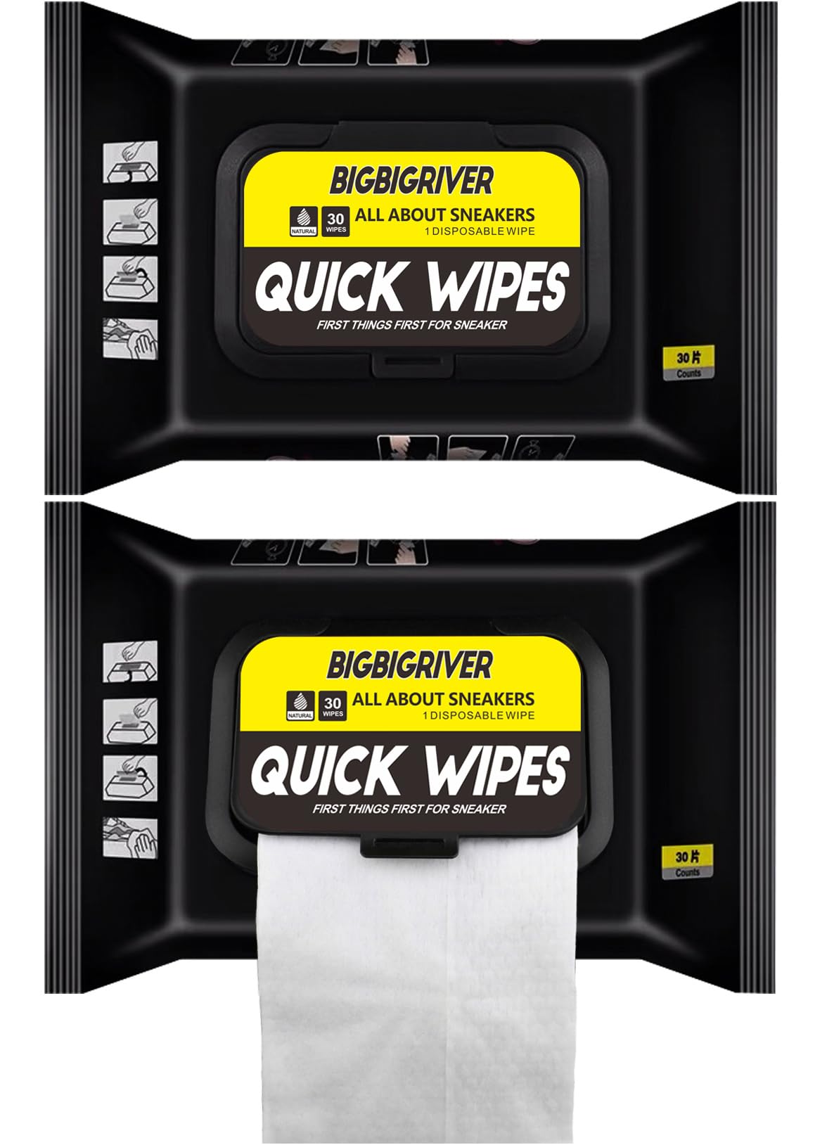 BIGBIGRIVER Shoe wipes 2 Pack 60 Pcs Sneaker Wipes Cleaner Quick Wipes Travel Portable Removes Dirt, Stains