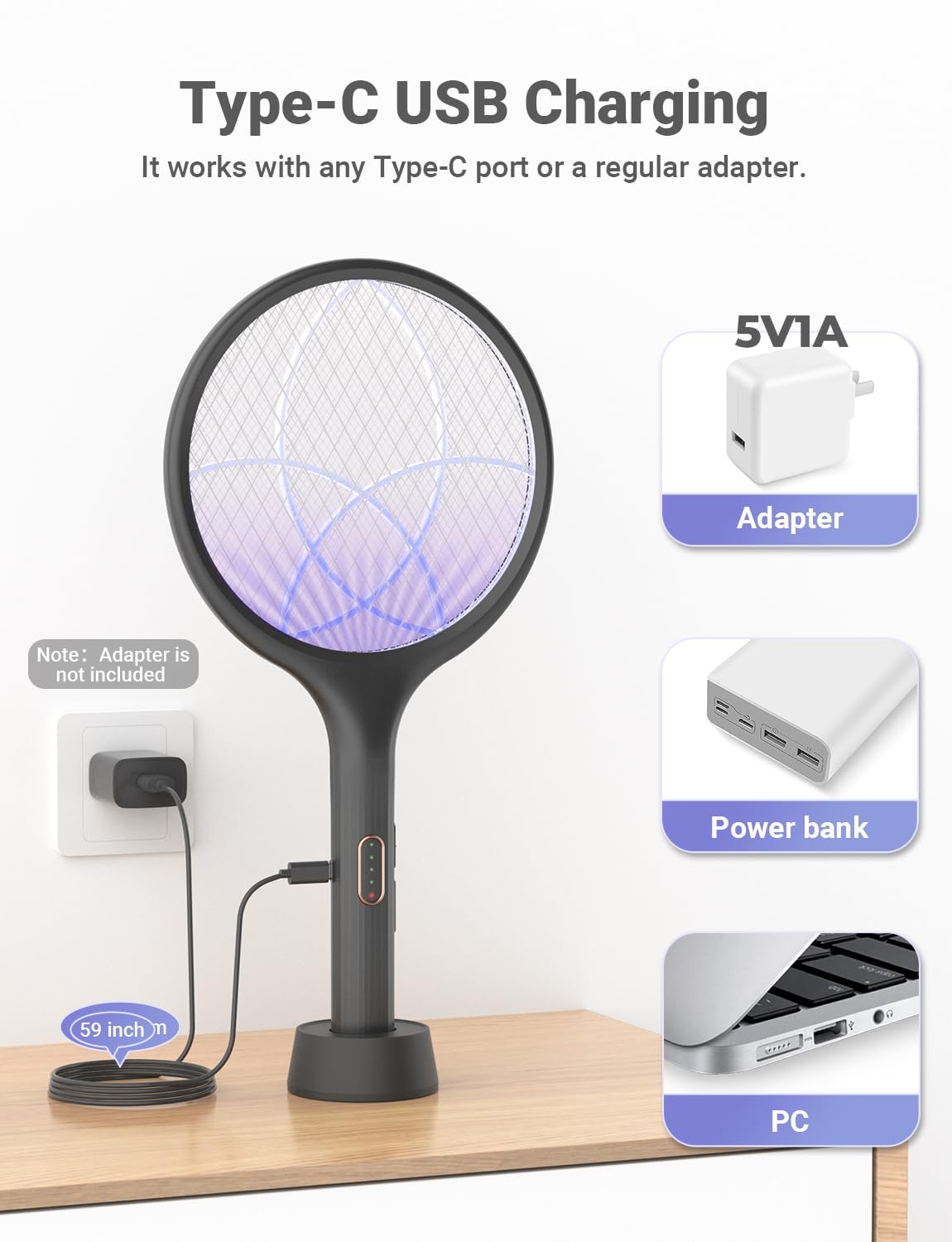YISSVIC Electric Fly Swatter Bug Zapper Racket Dual Modes Mosquito Killer with Purple Mosquito Light Rechargeable for Indoor Home Office Backyard Patio Camping