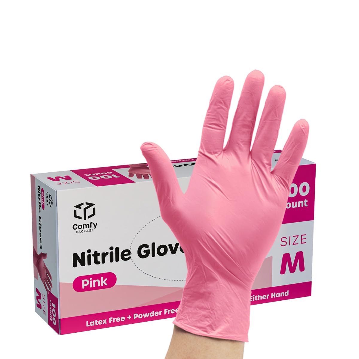 Comfy Package [100 Count Pink Nitrile Disposable Gloves - Latex Free and Rubber Free, Non-Sterile Powder Free Gloves - Medium