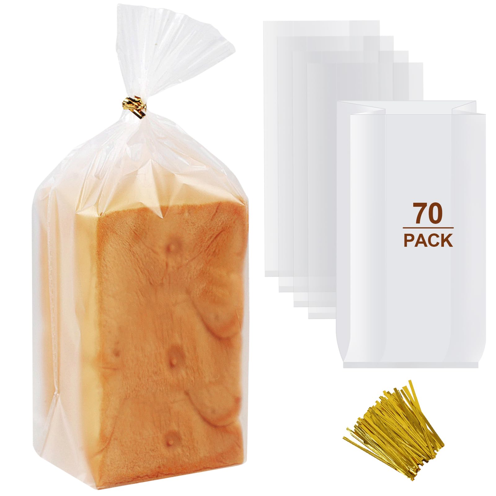 Vivinin 70 Pack Clear Bread Bags (8" x 4" x 18") & 100 Pack Ties - Reusable Plastic Storage Bags for Homemade Loaves, Bakers, and Bakery Owners