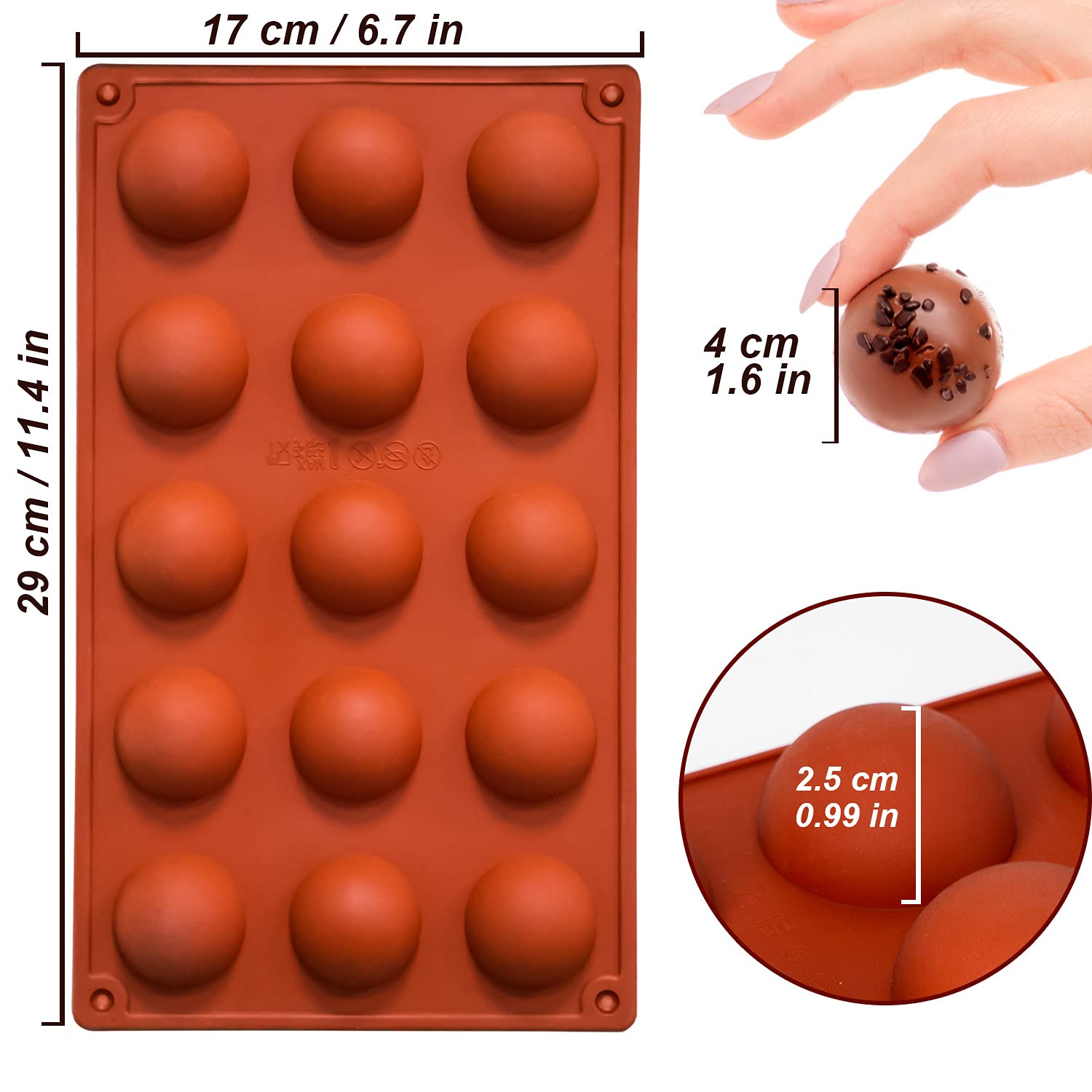 Lerykin Small 15-Cavity Semi Sphere Silicone Molds Non-Stick,2 Packs Half Sphere Silicone Baking Molds for Making Jelly, Chocolates and Cake