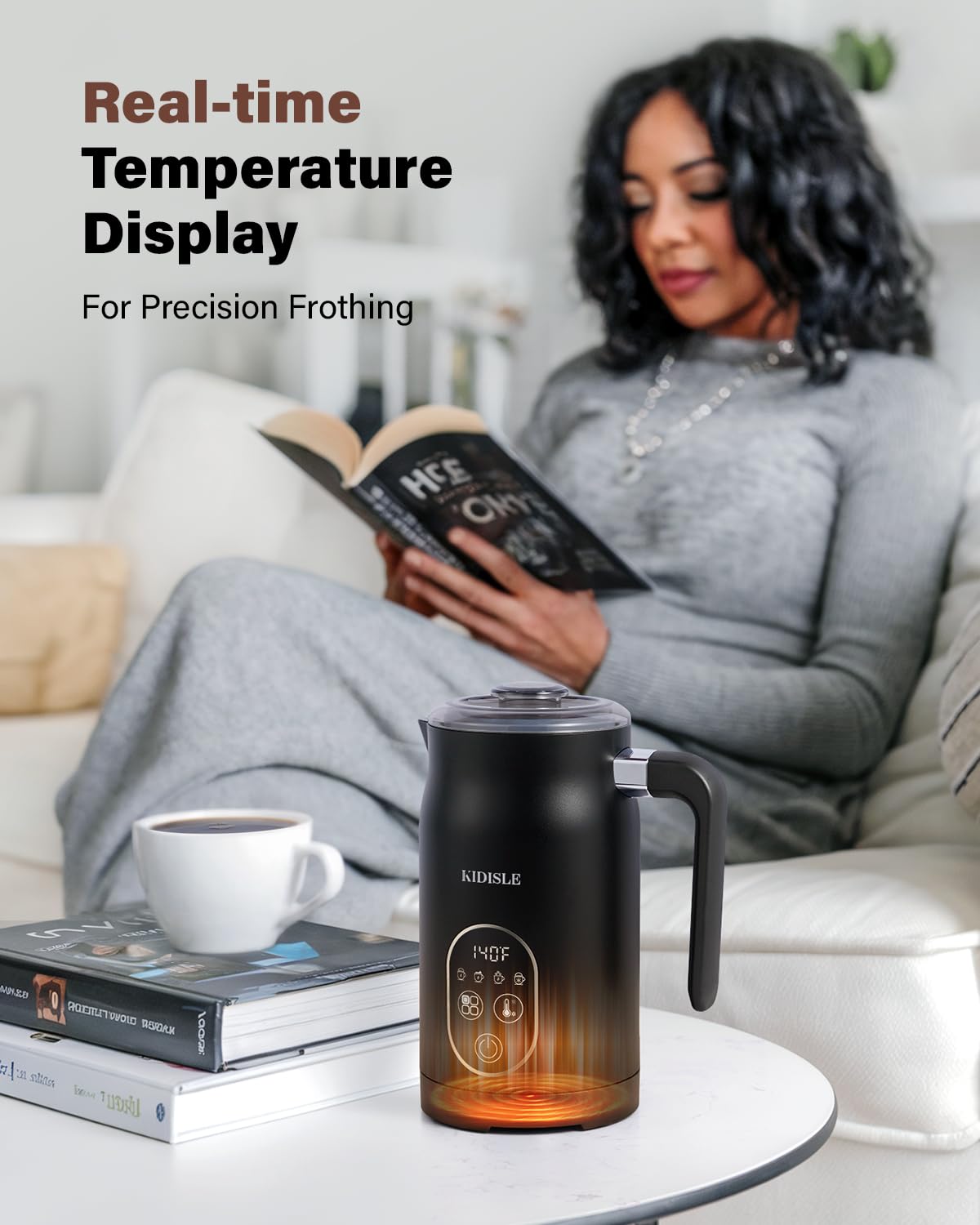 KIDISLE 4-in-1 Electric Milk Frother and Steamer, Milk Steamer with Auto Temperature Control, Warm & Cold Foam Maker, Fast Frother for Coffee, Latte, Hot Chocolate, Cappuccino, Macchiato, Black