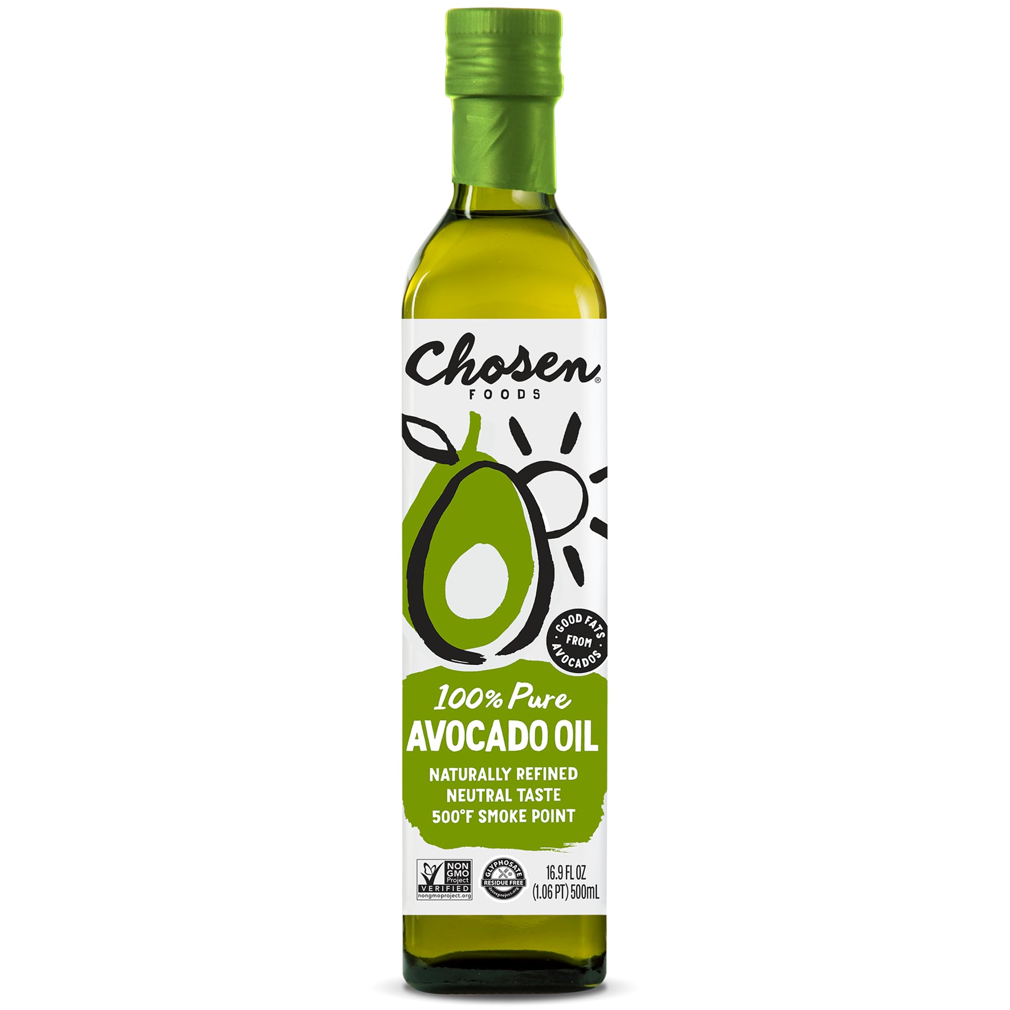 Chosen Foods 100% Pure Avocado Oil, Keto and Paleo Diet Friendly, Kosher Oil for Baking, High-Heat Cooking, Frying, Homemade Sauces, Dressings and Marinades (16.9 fl oz)