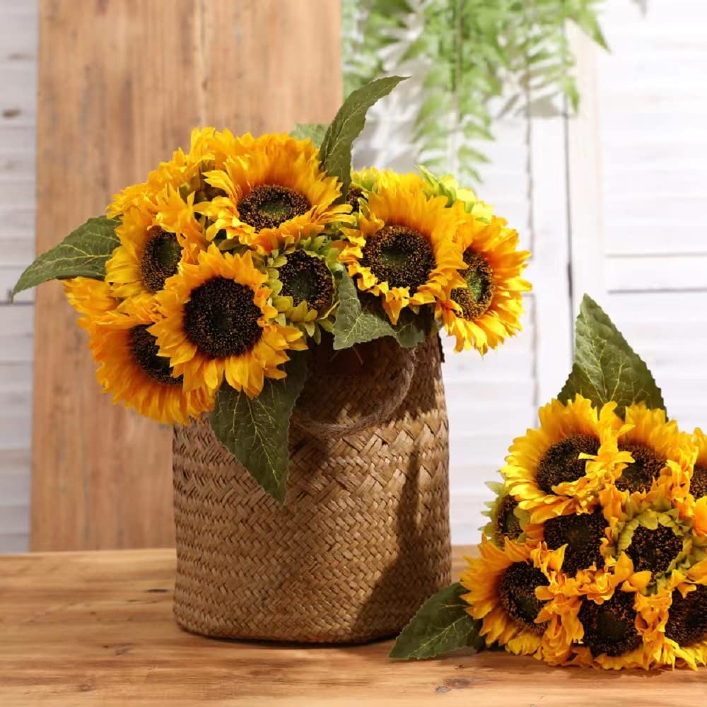 Laelfe Artificial Sunflower Flowers Long Stem Silk Fake Large Sunflowers Decoration for Outdoor Home Wedding Baby Shower Birthday Party Single Bulk Yellow Decor 6PCS (Dark Center)