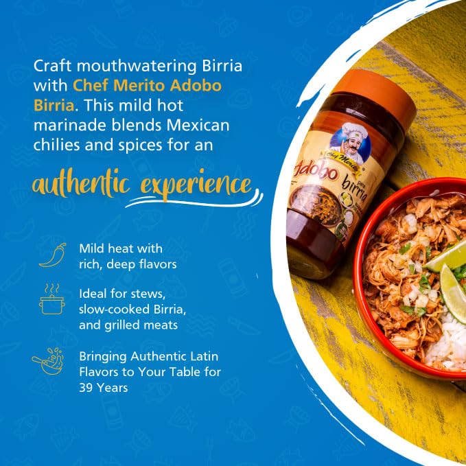 Chef Merito® Birria Marinade | Authentic Mexican Flavor | 14-15 Uses | Add Water or Broth | Mild Heat | Perfect for Birria Tacos & Stews | Made in USA | Trusted Since 1985 |