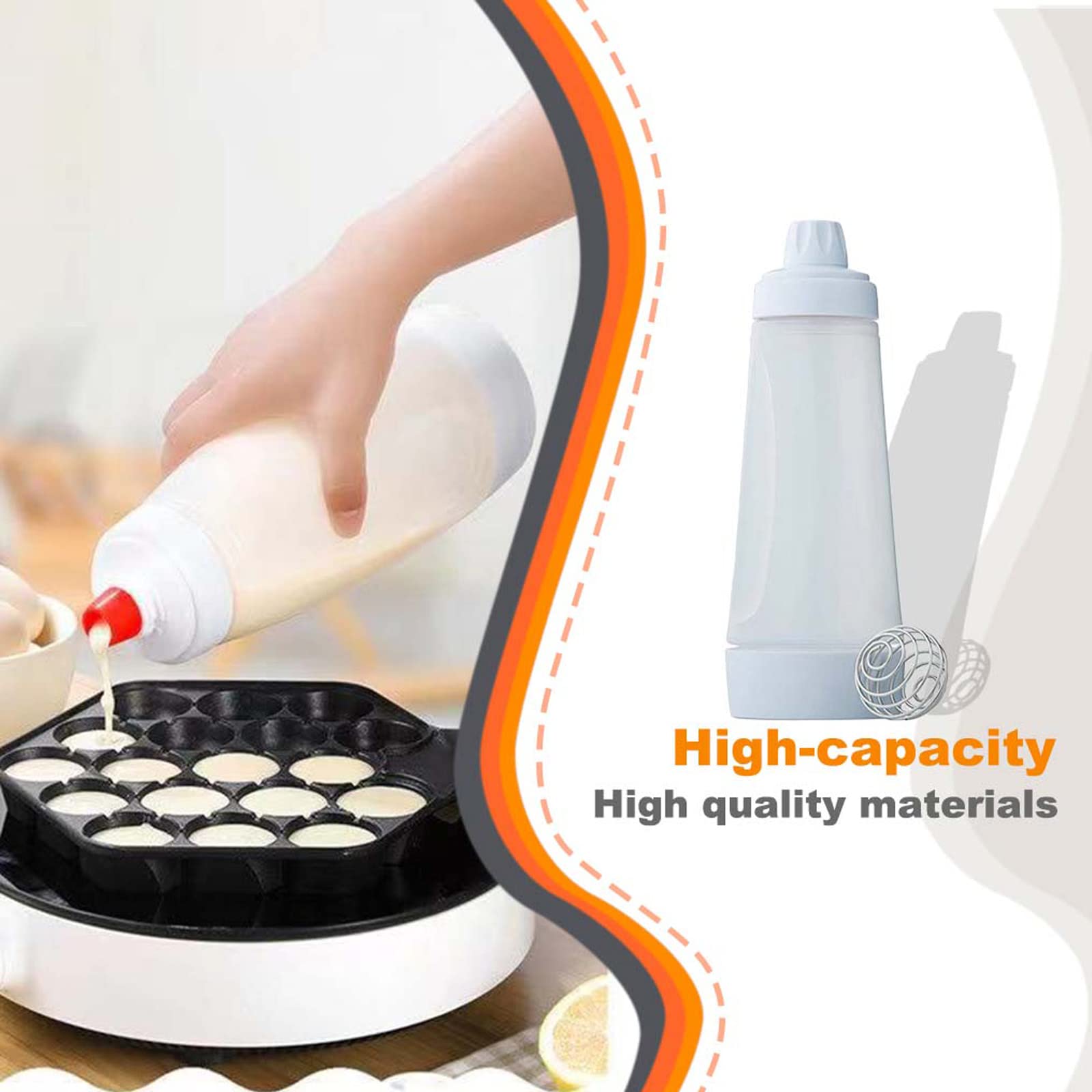 Pancake Batter Dispenser, Pancake Mix Dispenser with Whisk Ball and Stand Base, Pancake Batter Mixer with BlenderBall for Pancakes, Crepes, Waffle, Muffins, Qatayef, Cupcakes, and more