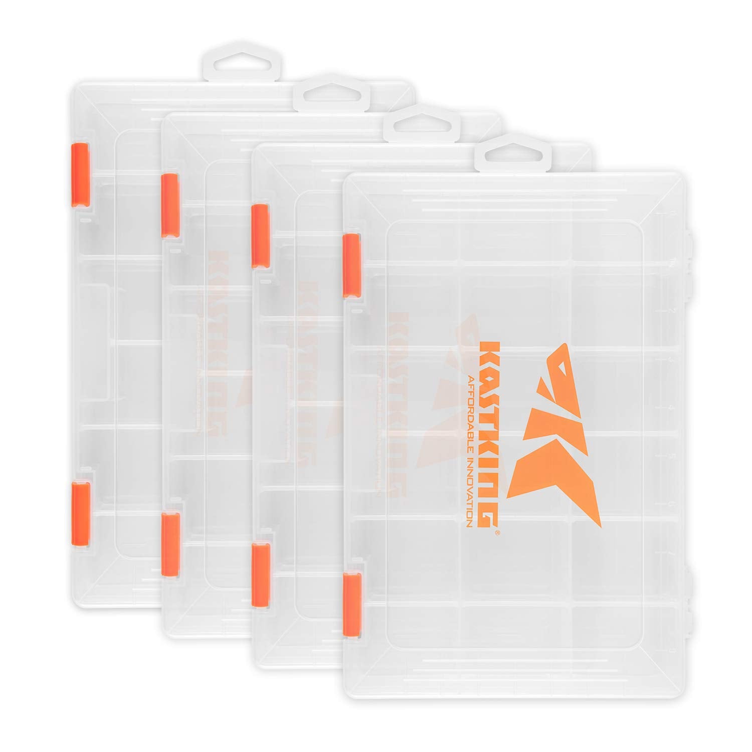 KastKing Geräteboxen, Aufbewahrungsbox aus Kunststoff mit herausnehmbaren Trennwänden, 3600 Köderboxen, Teilebox, 27,4 x 18,4 x 4,2 cm (4er-Pack)