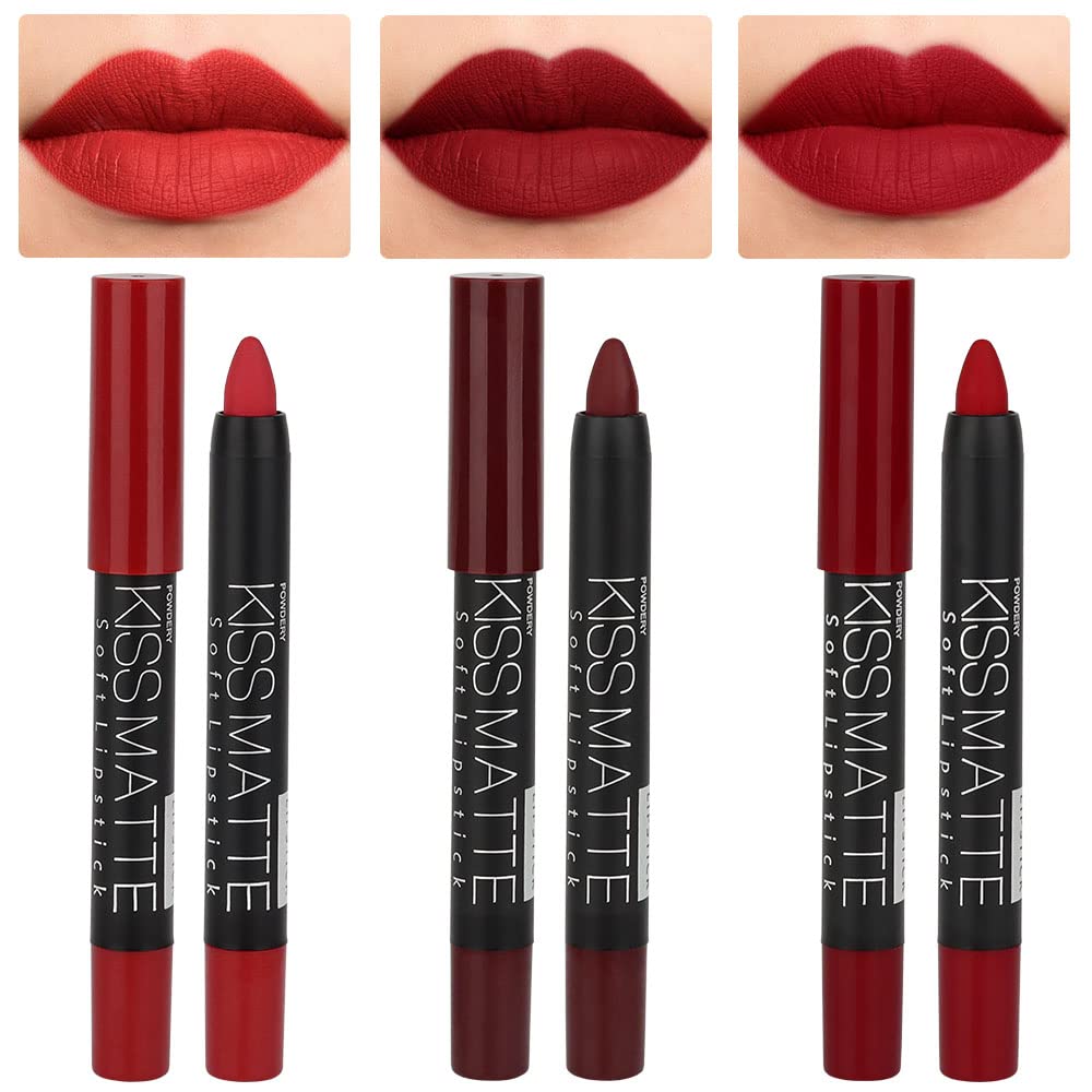 evpct DNM 3Pcs Dark Ruby Deep Red Matte Lipstick and Lip Crayon Sticks Liner Pencil Set Red Matte Lip Liner and Liquid Stay on Lipstick 10&11&18