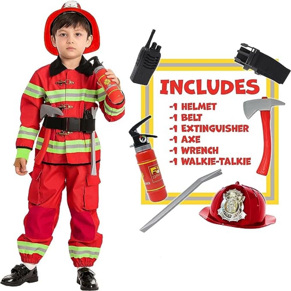 Spooktacular Creations Halloween Boys Fireman Costume, Firefighter Costume for Kids, Brown Toddler Fireman Costume Accessories Set for Dress-up and Roleplay Party (3T (3-4 YRS))