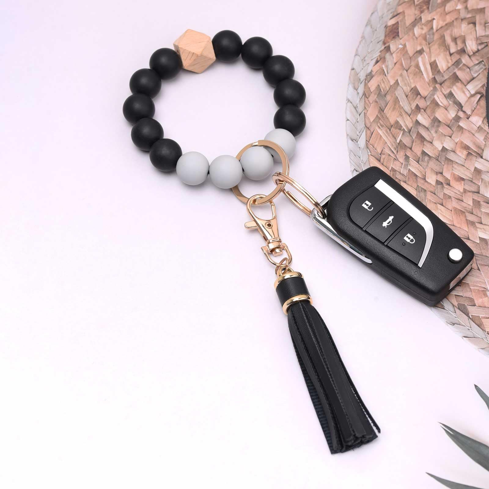 BAOSIWA Women Silicone Keychain Bracelet Beaded Wristlet Key Ring Black Bangle Chains with Leather Tassel