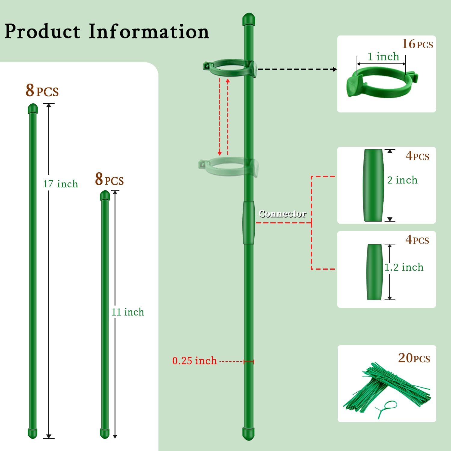 Plant Stakes 17inch &11inch SupKing Adjustable Length Plant Support Stake 16Pcs Green Orchid Stick with Clips for Indoor Outdoor,Garden Pole for Potted Tomato Amaryllis Vegetables Comes with 20 Ties