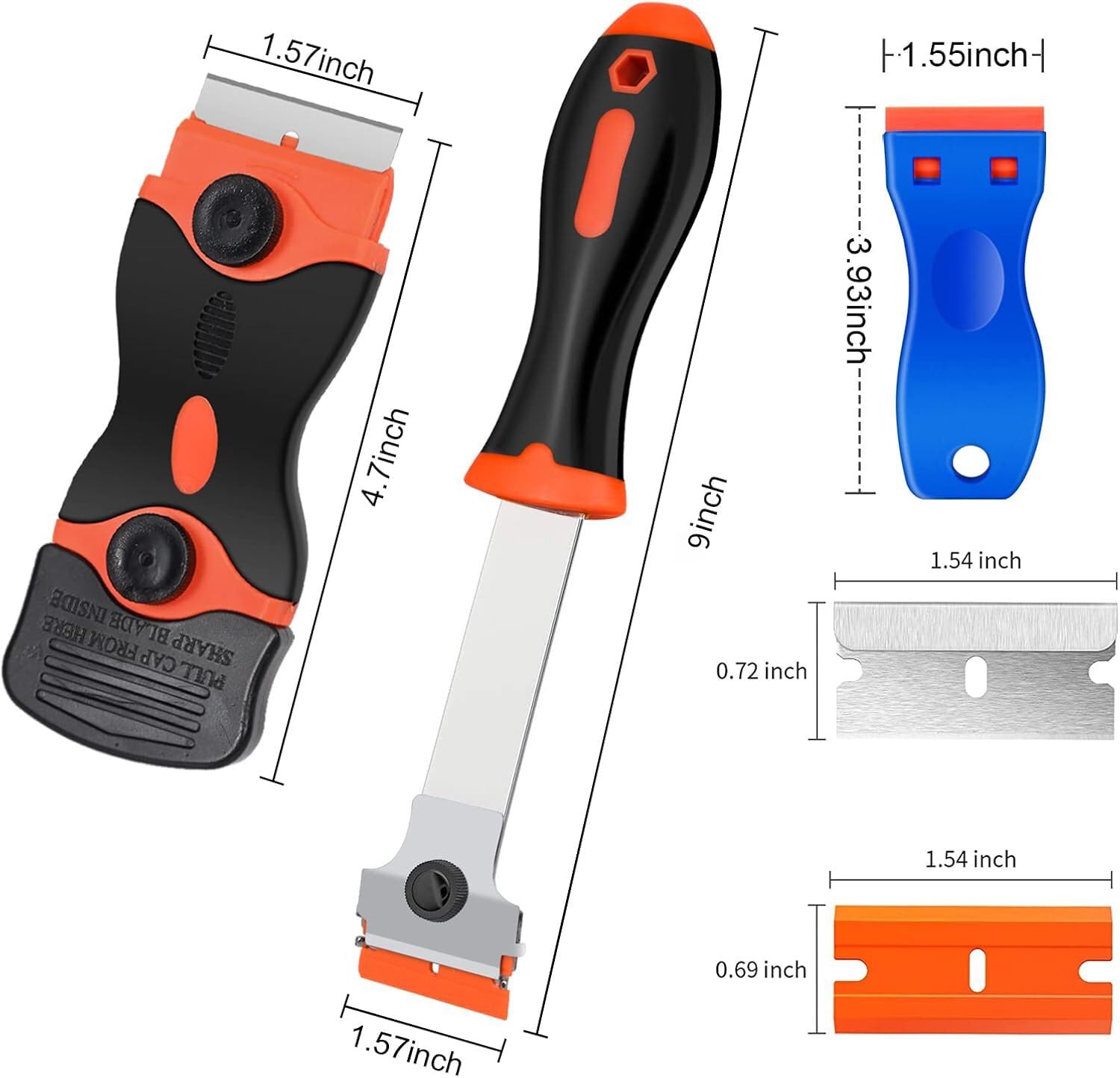 Razor Blade Scraper Tool, 3 Pack with 50 Plastic & 30 Metal Razor Blades, Cleaning Scraper for Removing Label, Registration Sticker, Tint, Grease from Windshield, Appliance, Glass