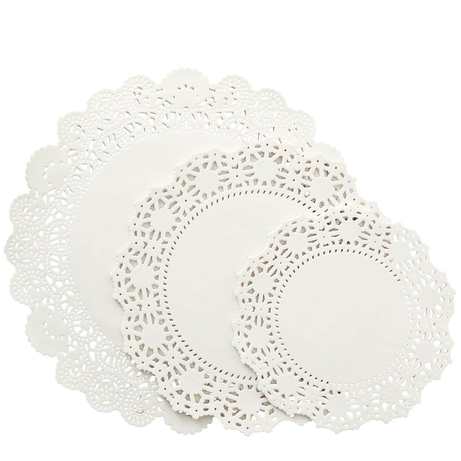 150 Pack Round White Paper Doilies Assorted Sizes for Cake, Food, Dessert - Lace Paper Placemats for Crafts, Plates, Party Table, Wedding (6.5, 8.5, and 10.5 Inch)