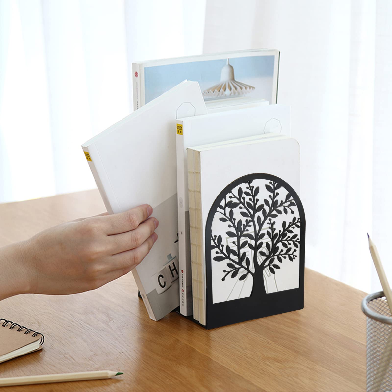 Umikk Book Ends, Metal Bookend, Tree of Life Bookend for Shelves, Home Decorative Bookends for Heavy Books, Black Non-Skid Book Stopper, 7 x 5.5 x 3.5 inch (1 Pair)