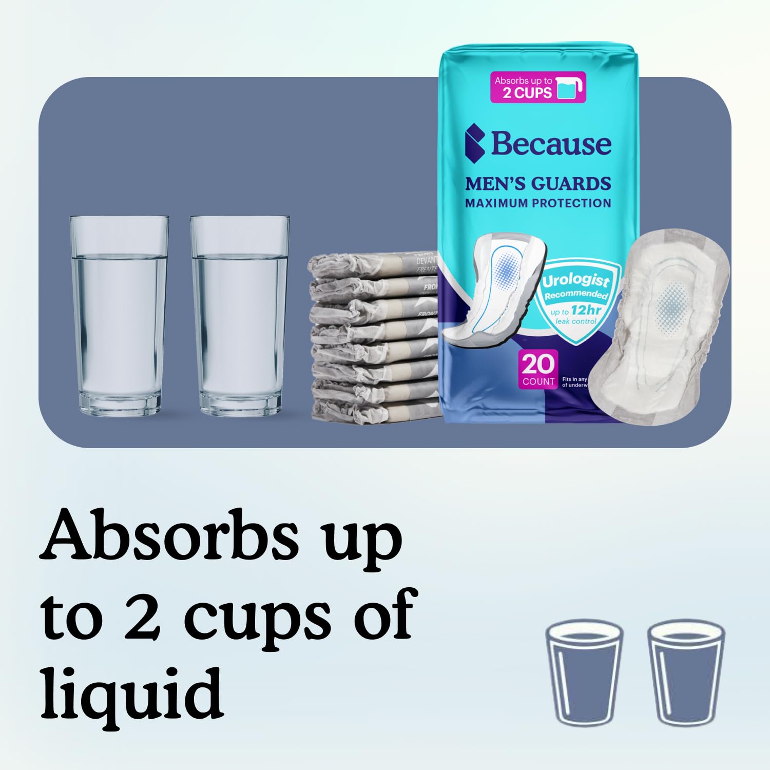 Because Premium Guards for Men - 20 Count Pack of Discreet, Individually Wrapped Bladder Protectors - Complete Absorbency, Fast-Locking, Odor Control - Comfort Fit, 2 Cups of Absorbency