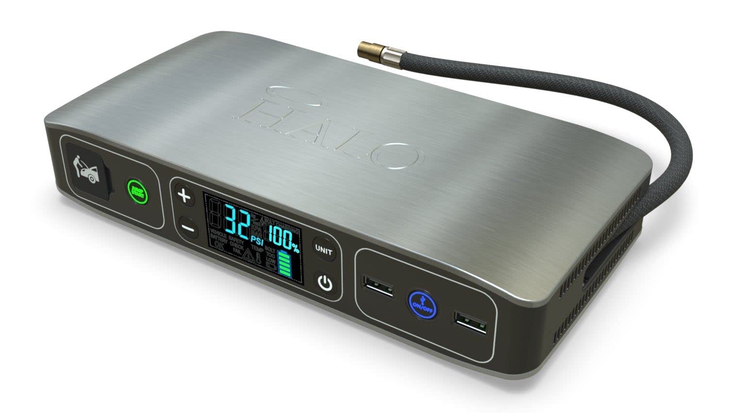 Halo Bolt Air 58830 mWh Portable Emergency Power Kit with Tire Pump, 4 Interchangeable Air Nozzles, Extra Accessory Kit, Car Jump Starter, and Car Charger - Black Graphite