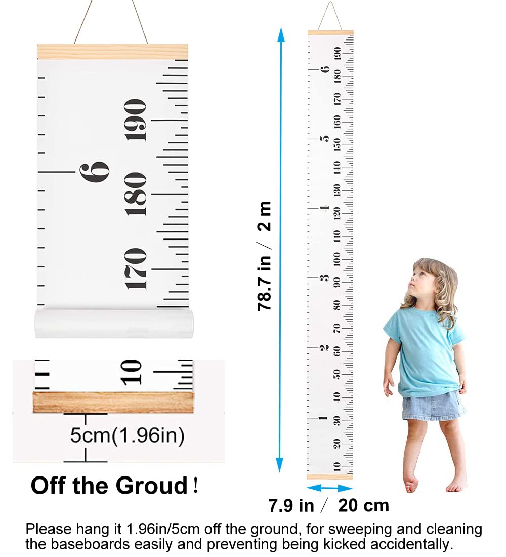 SUJAYU Growth Chart for Kids, Canvas Height Chart Ruler Removable Wood Hanging Wall Ruler Measurement Chart for Home Decoration (White)