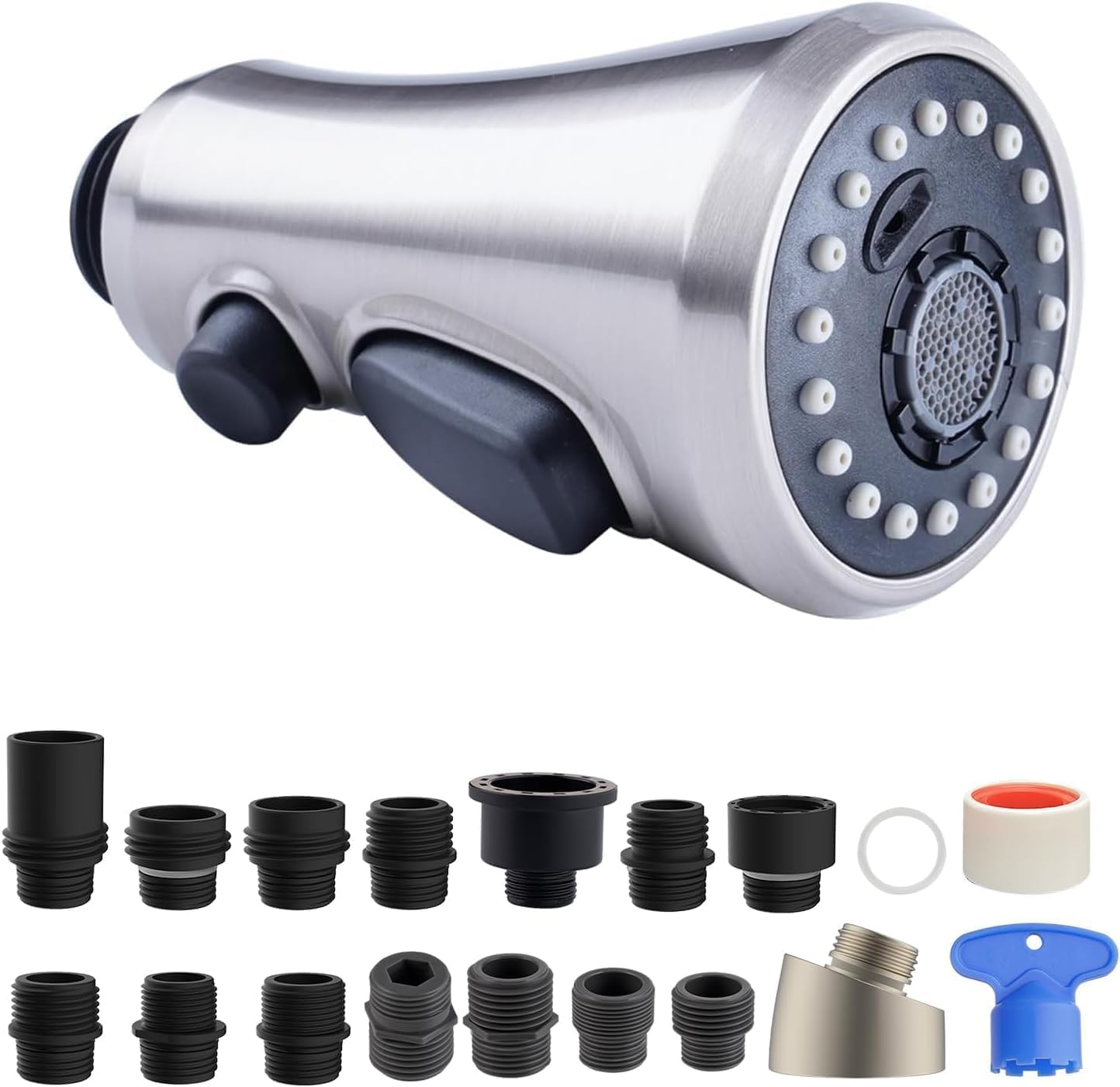 Hibbent Ausziehbarer Brausekopf für Küchenarmatur, NSF/ANSI/CAN 61 & CUPC zertifizierte 3-Funktions-Sprühdüse, 15 Adapter, Ersatzbrausekopf für Spültischarmaturen, kompatibel mit Moen, Delta, Kohler, gebürstetes Nickel