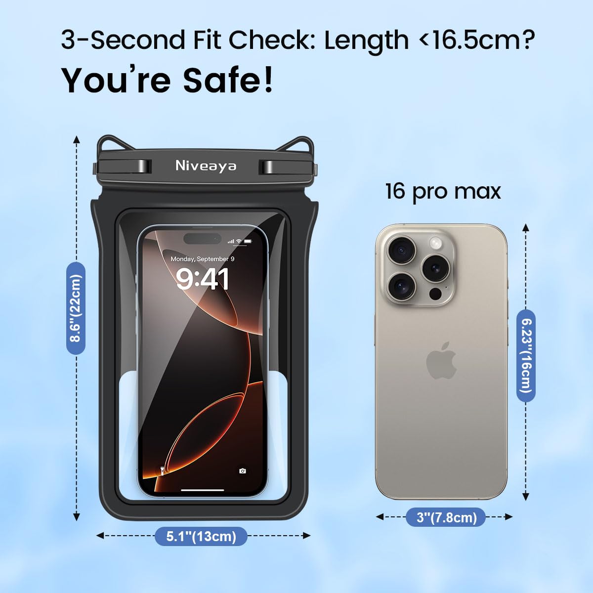 Niveaya Double Space Waterproof Phone Pouch (2-Pack) - IPX8 Cell Phone Dry Bag for Beach, Kayak, Cruise Travel Essentials - Compatible with iPhone 16/15/14 Pro Max & Galaxy S25/S24 Ultra (up to 8.3")