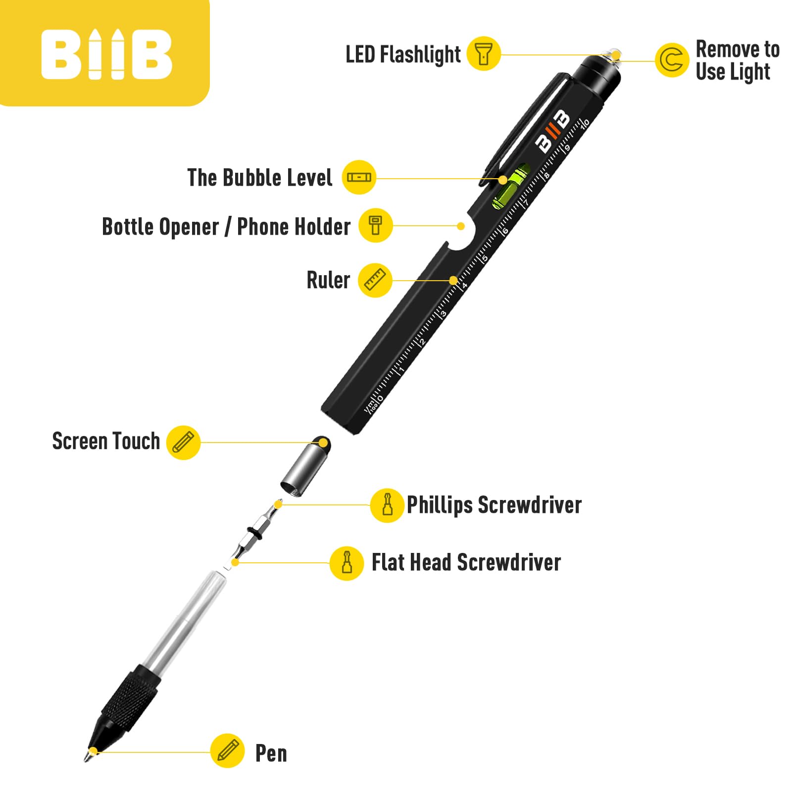 BIIB Gifts for Men, Stocking Stuffers for Adults Men 9 in 1 Multitool Pen, Mens Stocking Stuffers for Him, Mens Gifts for Dad Him Grandpa, White Elephant Gifts for Adults, Dad Gifts Gadgets for Men