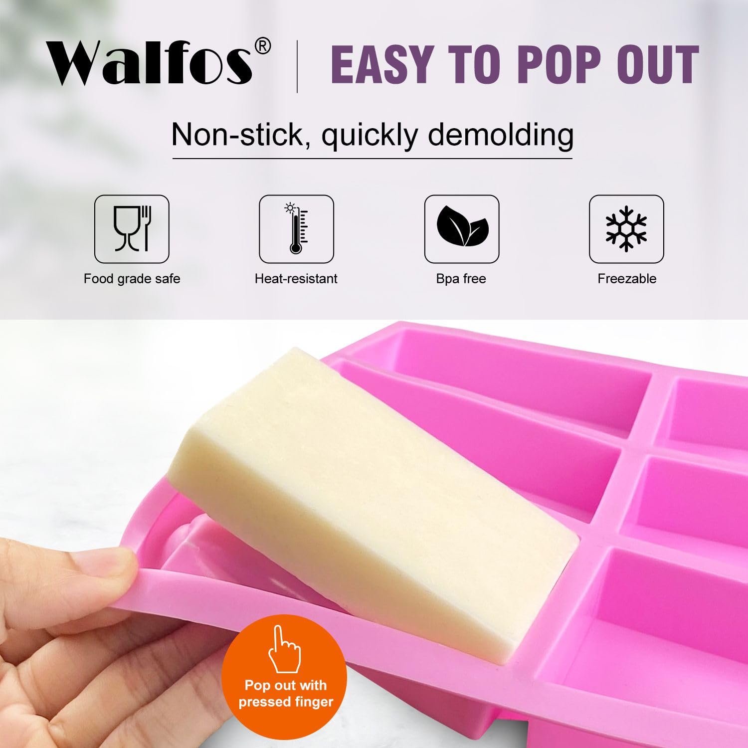 Walfos Silicone Soap Molds Set of 3, 6 Cavities Rectangle Silicone Soap Molds for Homemade Craft Soap Mold, Cake Mold, Chocolate Mold ＆ Ice Cube Tray（Blue & Purple ＆ Pink）