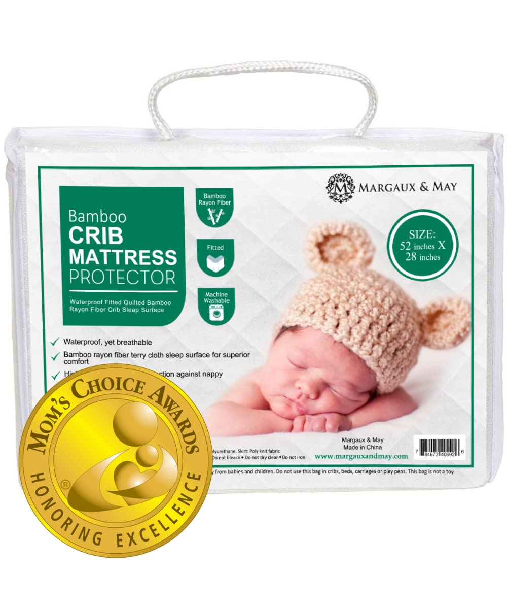 Crib Mattress Protector Pad - Ultra-Soft Waterproof Breathable Premium Bamboo Rayon - Noiseless Fitted Dryer Safe Cover. High Absorbency Oeko-TEX Certified (28 x 52 x 9 inches) MARGAUX & MAY