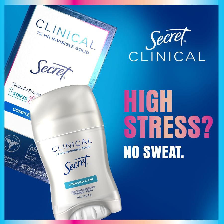 Secret Clinical Strength Antiperspirant Deodorant for Women, Stress Response, 3X Stress Protection, 72hr Sweat & Odor Protection, PH Balancing Minerals, Soft Solid, 1.6 oz (Pack of 3)