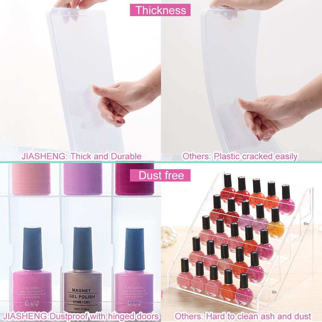 JIASHENG Nail Polish Organizer Case for 48 Bottles, Gel Nail Polish Storage Holder Double Side Adjustable Space Divider for Acrylic Nail Gel Dip Powder Tips Set with Two Toe Separator